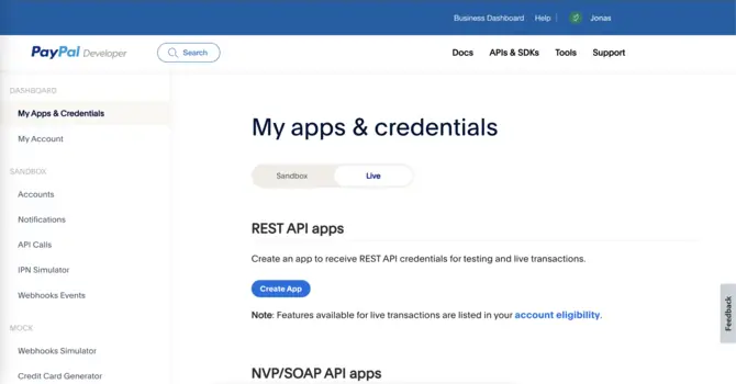 PayPal App erstellen