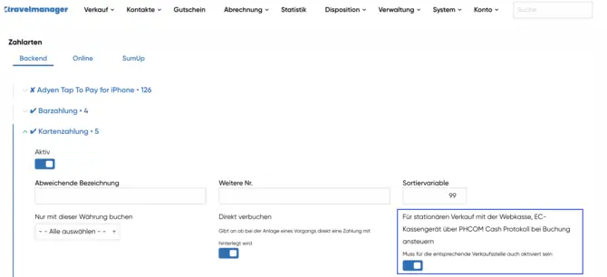 Activation of the amount transfer for the card payment method