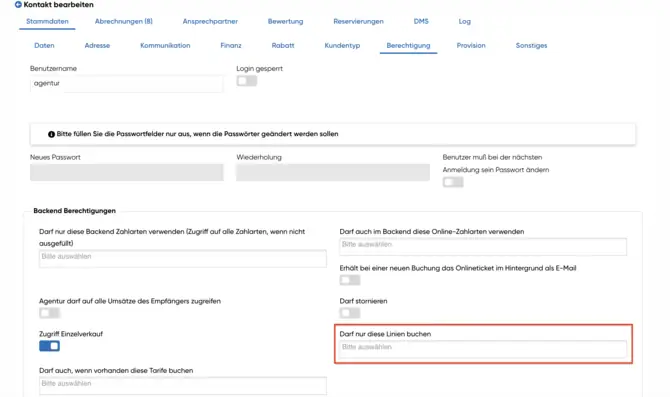 Agentur darf folgende Linien buchen