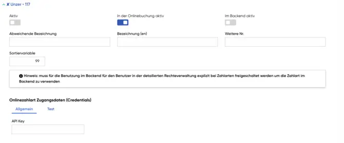 Aktivierung in Onlinebuchung von Unzer