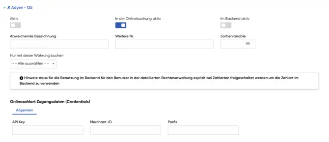 Aktivierung von Adyen im Backend