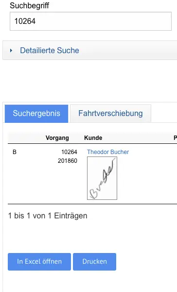 Backend Vorgang mit Unterschrift aus der TicketApp