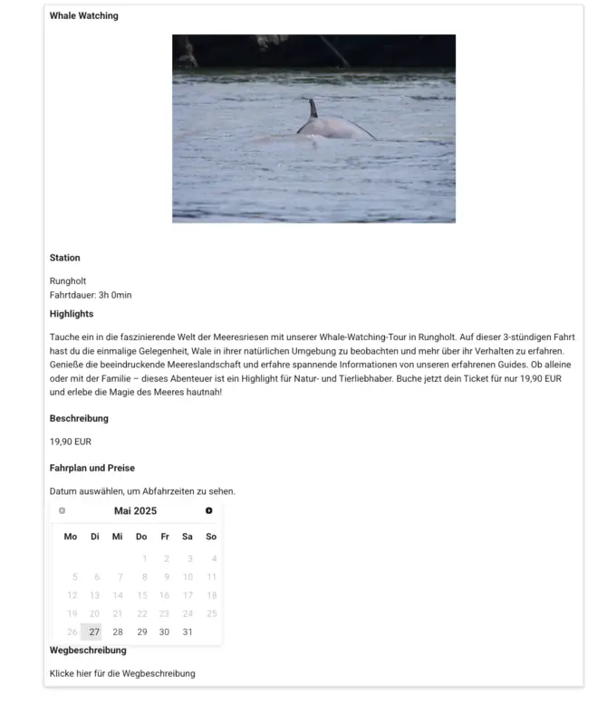 Displays detailed information about a journey, including embedded online booking.