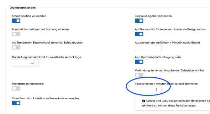 Einstellen der Stornierungszeit für Tickets