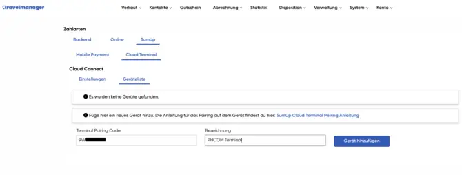 Geräteliste im Travelmanager Backend