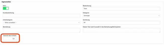 Gewicht im Artikel defininren