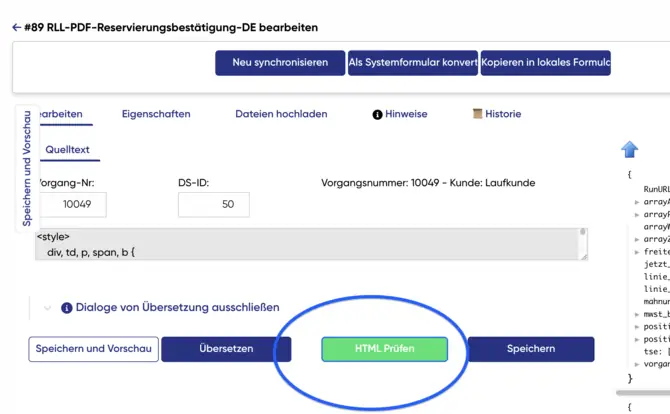 Prüffunktion im Formulareditor