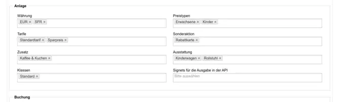 Tarifauswahl in den Einstellungen der Tour / Linie