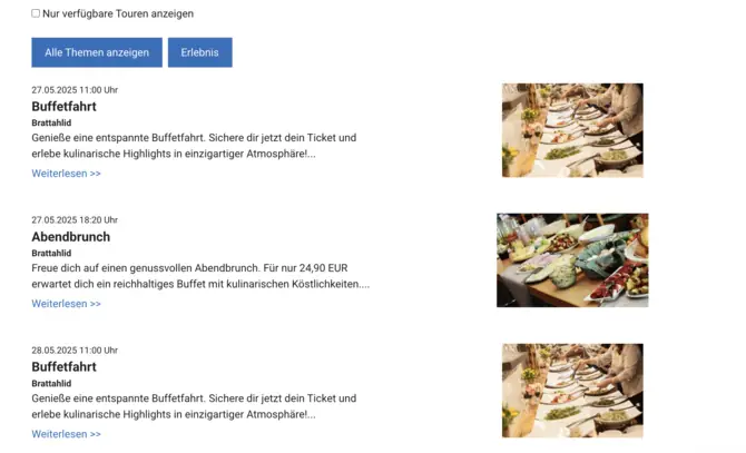 Zeigt eine Liste von Events und Themenfahrten an.