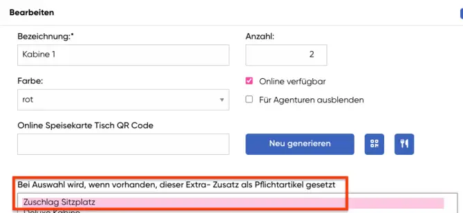 Zuschlag bei Tisch hinterlegen