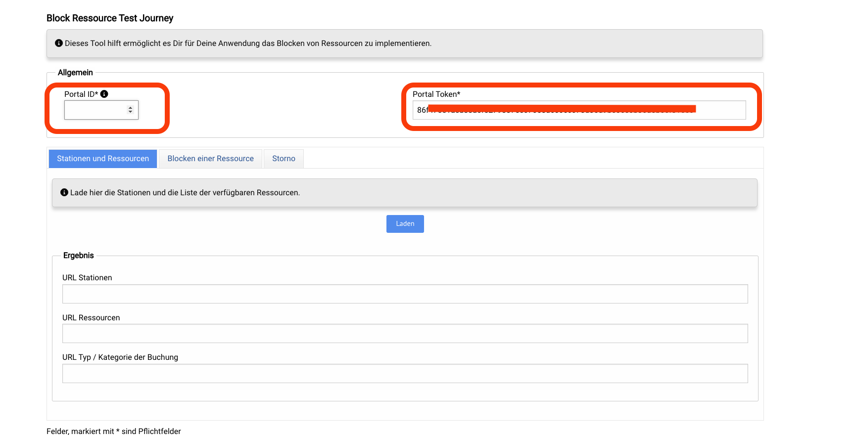 Block Ressource Self Testing Journey Portal ID und Token