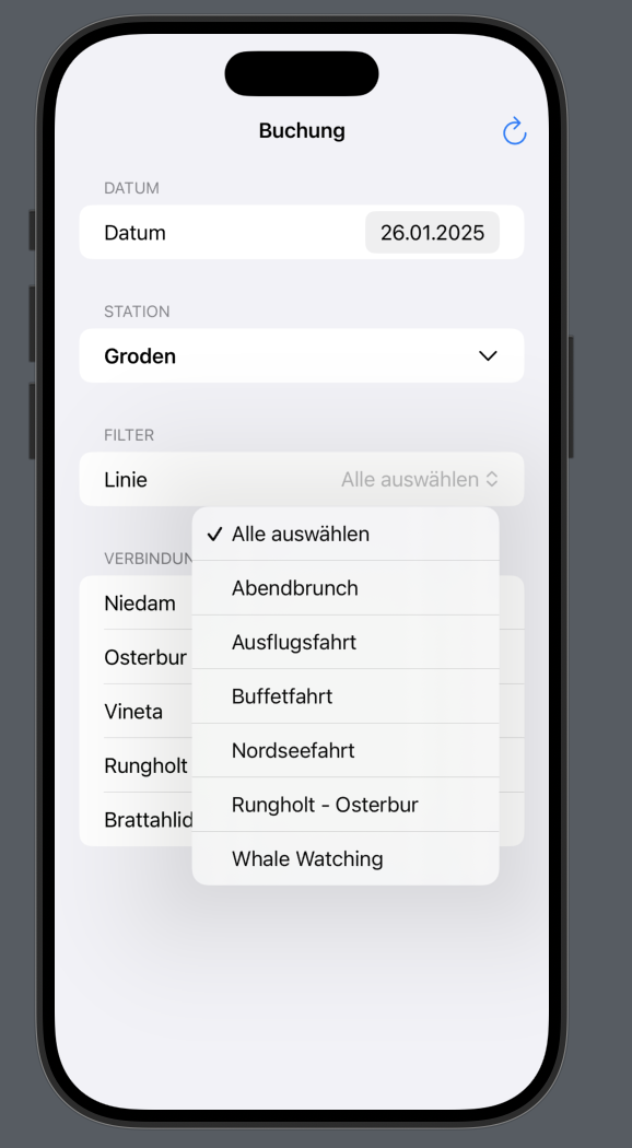 Linien Filter in TicketApp