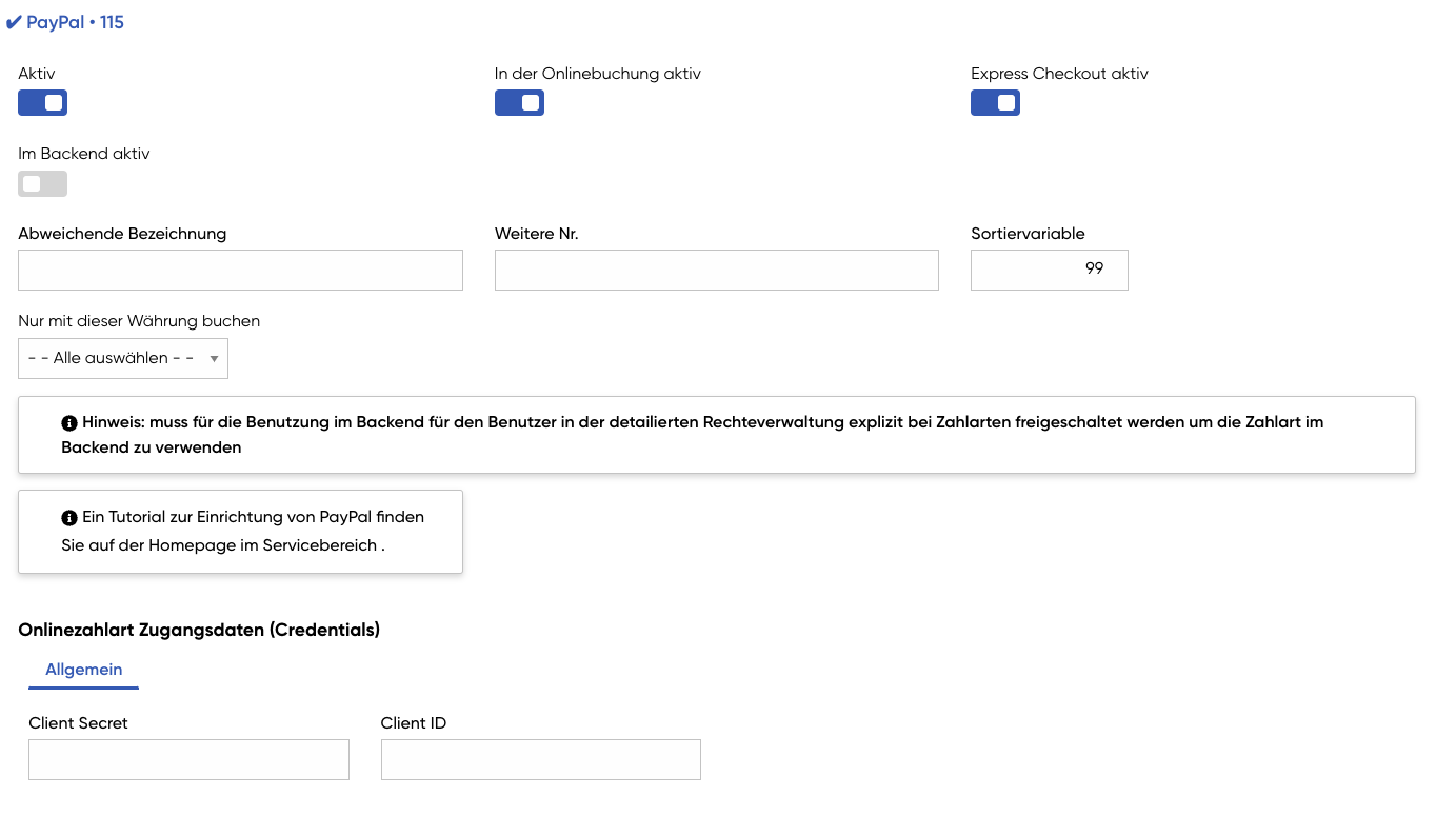 PayPal Credentials Travelmanager Backend